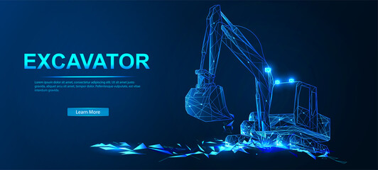 Excavator. Abstract vector in futuristic polygonal style with wireframe, lowpoly triangles on a blue background with stars. Soil development and loading of bulk materials. Vector illustration