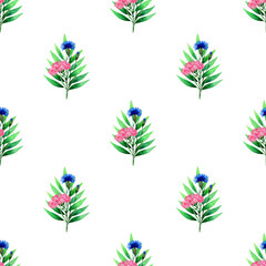 Wild flowers seamless pattern with blue cornflowers,green leaves and pink botanical elements.Floral watercolor background.Hand drawn illustration.For fabric designs,wrapping paper,textiles,printables.