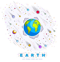 Planet Earth in space surrounded by stars, comets, asteroids and other elements. Small earth in endless cosmos. Thin line 3d vector illustration isolated on white.