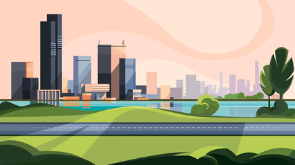 Cityscape with road and lake. Beautiful urban scene.