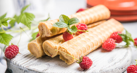 Traditional Russian dessert. Homemade wafer cones with cream of sweet boiled condensed milk