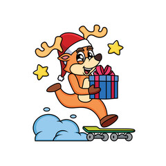 Deer christmas cartoon character bring box of gift with skateboard. Animal icon concept in white background.