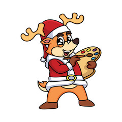 Naklejka premium Cartoon artist Deer Christmas. Vector clip art illustration with simple gradients. All in a single layer.