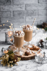 Still life cup of hot chocolate with marshmallows. Christmas. New Year. A festive hot drink. Mug of cappuccino. Sweet dessert.