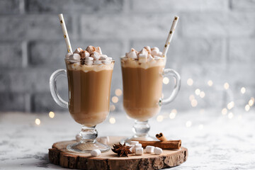 Still life cup of hot chocolate with marshmallows. Christmas. New Year. A festive hot drink. Mug of cappuccino. Sweet dessert.