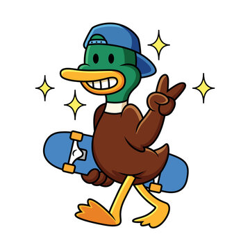 Cute Duck Holding Skateboard Vector Icon Illustration with Big Smile. Animal Sport Icon Concept in White Background.