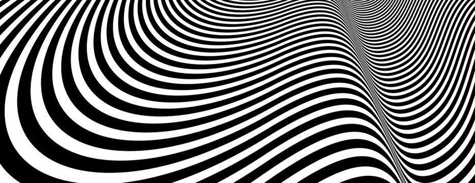 Abstract op art black and white lines in hyper 3D perspective vector abstract background, artistic illustration psychedelic linear pattern, hypnotic optical illusion.