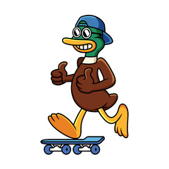 Cool duck with skateboard with funny pose. Animal cartoon illustration isolated in white background.