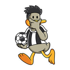 Cartoon duck playing soccer. Vector clip art illustration with simple gradients. All in a single layer.