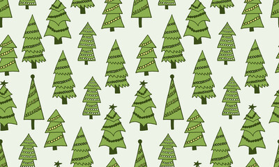 Obraz premium Decorated Christmas tree illustration. Doodle outline drawing. Seamless pattern. New Year celebration, winter season. Festive plant, holiday symbol