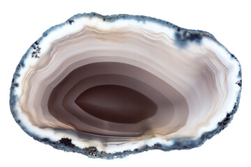 A back-lit slice of light brown concentrically layered agate, isolated on a white background