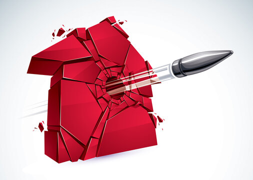 Broken Home concept, house broken to pieces with bullet gun shot, vector realistic 3D illustration.