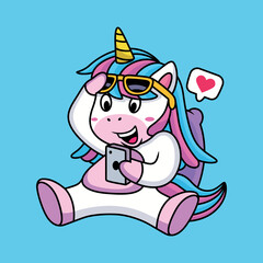 Cute Unicorn Playing Phone with Love Vector Icon Illustration. Animal Technology Icon Concept Isolated on Blue Background.