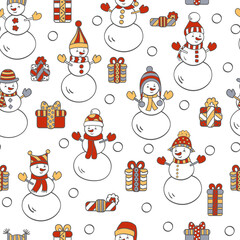 Christmas seamless pattern with snowmen and gifts