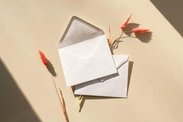 Two white envelopes and twigs. Greeting card. Contrasting shadows trend. Flat lay style