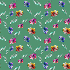 Botanical seamless pattern with stylized liner flowers and leaves.Hand drawn graphic and watercolor floral illustrations.Isolated on mint background.For fabric,textile,wallpaper,paper products.