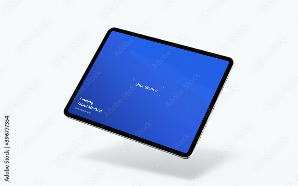 Wall mural floating tablet mockup | fully editable file, replaceable screen, separated shadow and background
