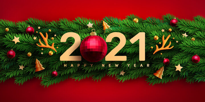 2021 New Year Promotion Poster or banner with christmas element and Christmas Tree Branches Decorated Background for Retail,Shopping or Christmas and New year Promotion.