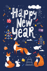 Happy New Year social media banner in Nordic Scandinavian hand drawn style with cute animals.