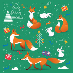 New Year holidays background in Nordic Scandinavian hand drawn style with cute foxes