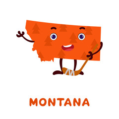 Cute cartoon Montana state character clipart. Illustrated map of state of Montana of USA with state name. Funny character design for kids game, sticker, cards, poster. Vector stock illustration.