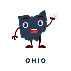 Cute cartoon Ohio state character clipart. Illustrated map of state of Ohio of USA with state name. Funny character design for kids game, sticker, cards, poster. Vector stock illustration.