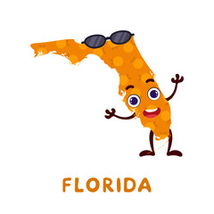 Cute cartoon Florida state character clipart. Illustrated map of state of Florida of USA with state name. Funny character design for kids game, sticker, cards, poster. Vector stock illustration.