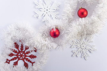 christmas flatlay red decorations on a white background. View from above. New year concept, copy space