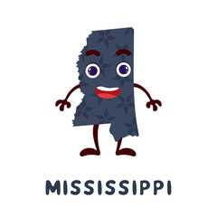Cute cartoon Mississippi state character clipart. Illustrated map of state of Mississippi of USA with state name. Funny character design for kids game, sticker, cards, poster. Vector illustration