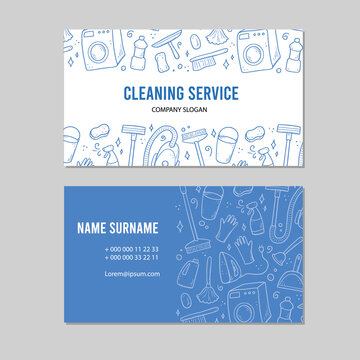 Hand Drawn Design Visiting Card For Cleaning Service. Doodle Sketch Style. Clean Element Drawn By Digital Brush-pen. Illustration For Visiting, Business Card Template.