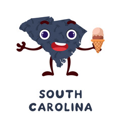 Cute cartoon South Carolina state character clipart. Illustrated map of state of South Carolina of USA with state name. Funny character design for kids game, sticker, card, poster. Vector illustration