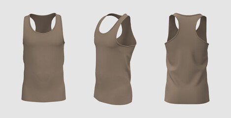 Blank crewneck sleeveless t-shirt mockup in front, side and back views, design presentation for print, 3d illustration, 3d rendering