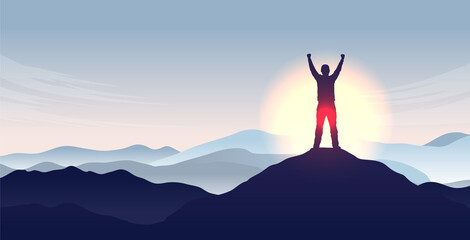 Mountaintop hands in air - Winner person standing on mountain peak cheering with epic view. Freedom and personal success concept. Vector illustration with copy space for text. - obrazy, fototapety, plakaty