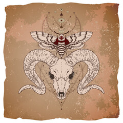 Vector illustration with hand drawn ram skull, dead head moth and Sacred geometric symbol on vintage paper background with torn edges.