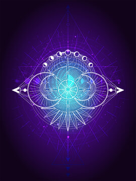 Vector illustration of Sacred geometry symbol on abstract background. Mystic sign drawn in lines. Image in purple color. For you design or magic craft.
