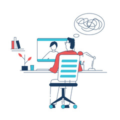 Fototapeta premium Man sitting on chair and talking to woman online. Professional psychotherapist talking to client. Home office interior with books and plants. Doctor helping patient line style vector illustration.