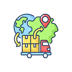 Fototapeta premium Import RGB color icon. Freight trucking business, international entrepreneurship. Worldwide delivery and auto transportation services. Isolated vector illustration