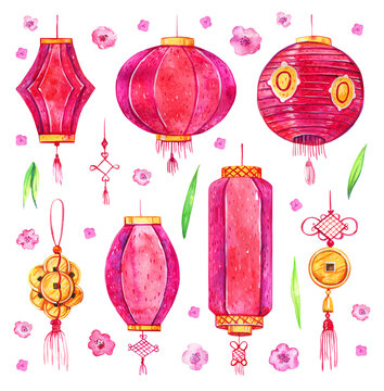 Paper lanterns and traditional Chinese decorations. Hand drawn watercolor set of isolated illustrations