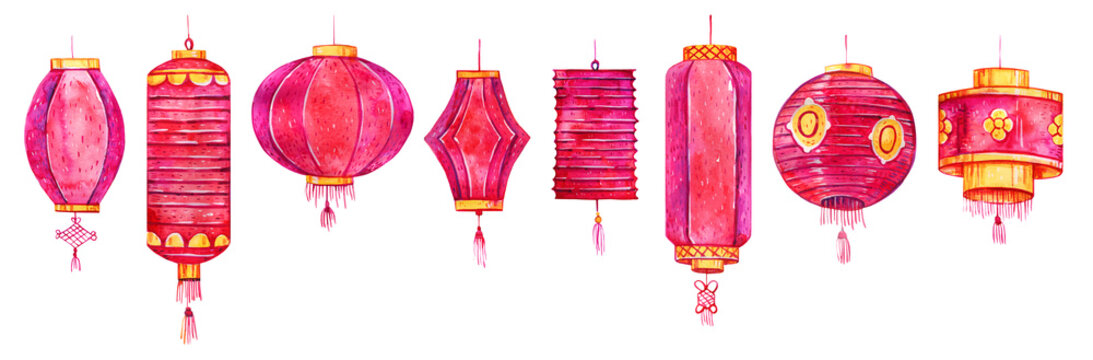 Set of traditional Chinese paper lanterns. Hand drawn watercolor sketch illustration