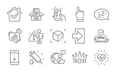 Login, Statistics timer and Crown line icons set. Documents box, Click hand and Scroll down signs. Music phone, Sleep and Heartbeat symbols. Line icons set. Vector