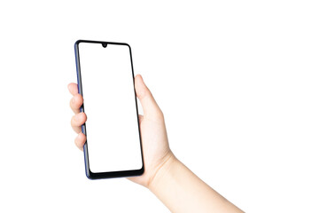 Female hands holding smartphone mobile phone with white blank screen isolated on white background. Mock up. Side view.