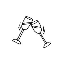Wine glasses. Glasses of champagne. Vector hand-drawn doodle illustration. Black and white outline