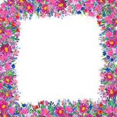 Hand-painted floral border. Wildrlowers on white background