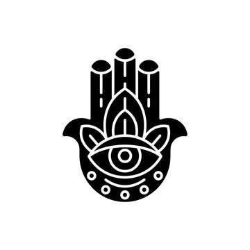 Hamsa Hand black glyph icon. God hand. Eye in middle. Five senses to praise God. Protection against evil eye. Luck, good fortune. Silhouette symbol on white space. Vector isolated illustration