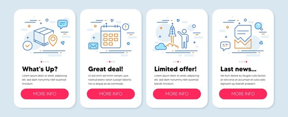 Set of Business icons, such as Launch project, Parcel tracking, Calendar symbols. Mobile screen app banners. Corrupted file line icons. Vector