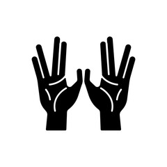Priestly blessing hands black glyph icon. Two handed symbol. Priestly benediction. Jewish tradition. Synagogue ritual. Cohanim hands. Silhouette symbol on white space. Vector isolated illustration