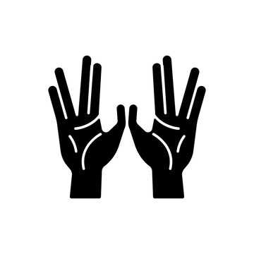 Priestly blessing hands black glyph icon. Two handed symbol. Priestly benediction. Jewish tradition. Synagogue ritual. Cohanim hands. Silhouette symbol on white space. Vector isolated illustration