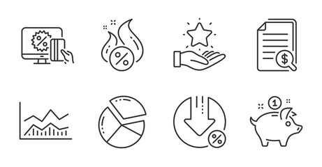 Loan percent, Online shopping and Financial documents line icons set. Trade infochart, Saving money and Pie chart signs. Loyalty program, Hot loan symbols. Quality line icons. Vector