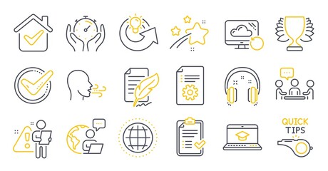 Set of Education icons, such as Breathing exercise, Website education, People chatting symbols. Share idea, Feather signature, Timer signs. Tutorials, Technical documentation, Winner. Vector