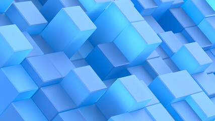 Abstract minimistic geometric shapes background. Blue rectangles and cubes 3d rendering illustration composition. Creative realistic blocks design.